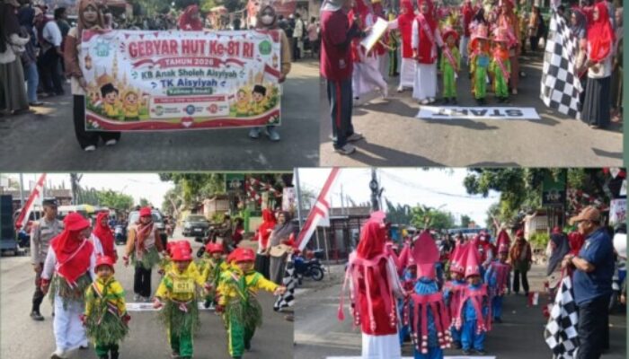 Semarak HUT RI ke-81, KB Anak Sholeh Aisyiyah dan TK Aisyiyah Kalimas Gelar Lomba Gerak Jalan dengan Kostum Unik